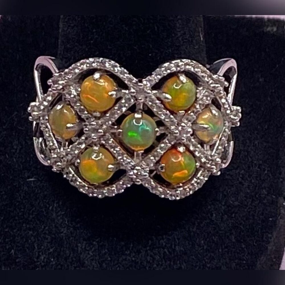 Sterling Silver 925 Multi Opal Gemstone Lattice Cocktail Ring Band Vintage Sz 10